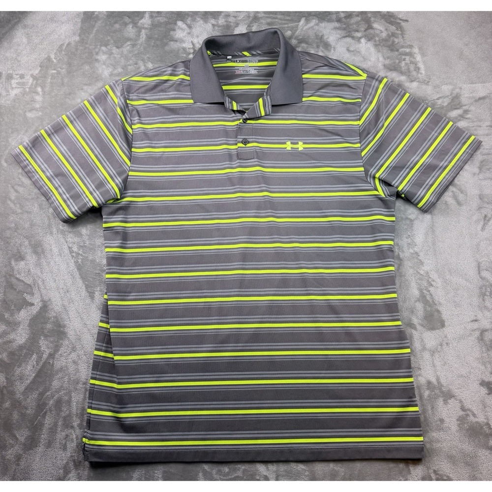Under Armour Mens XL Loose Gray & Green Striped Short Sleeve Polo Shirt Golf